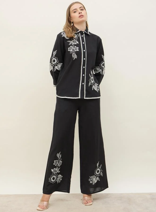 ستايلي طقم قميص بأكمام طويلة مطرز وبنطلون واسع الساق